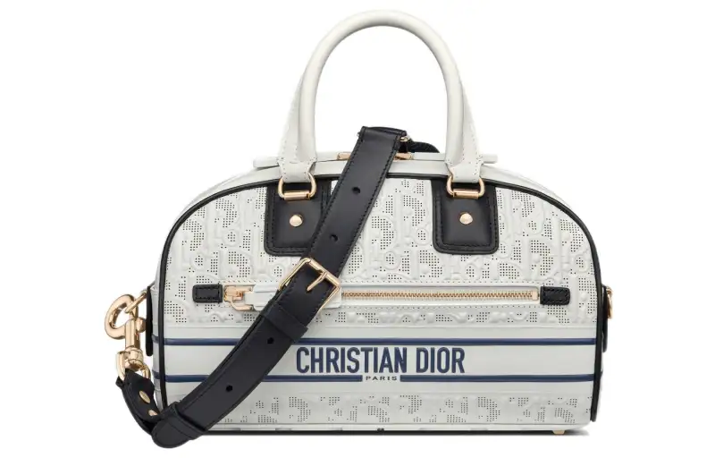 DIOR Cow Leather Bowling Bag, Shoulder Bag, Crossbody Bag, Handbag Women's White & Blue