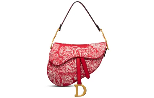 DIOR Saddle Jacquard Fabric One Shoulder Handbag Women's Red & Raspberry