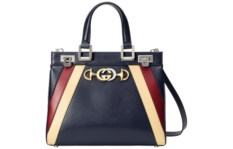 GUCCI Zumi Metal Accessories Leather Handbag Small Women's Dark Blue/Red/Beige