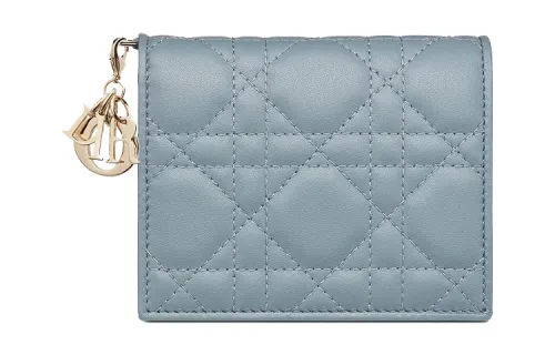 DIOR Lady Dior Wicker Pattern Sheepskin Clutch Wallet Mini Women's Candy, Light Blue