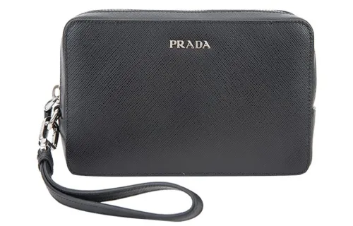 PRADA Cow Leather Clutch Unisex Black