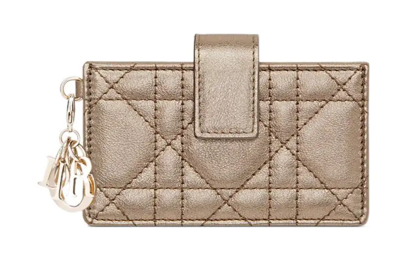 DIOR Lady Dior Grain Calfskin Card Holder Unisex Gold