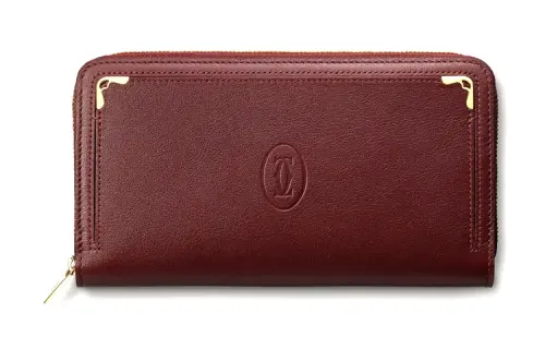 CARTIER Zip Closure Cow Leather Wallet Women's Burgundy