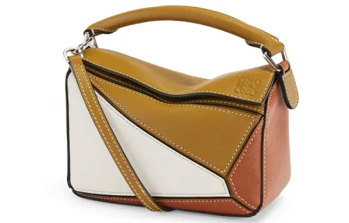 LOEWE Puzzle Cow Leather Geometric Bag, Portable Crossbody Bag, Shoulder Bag Small Women's White/Brown