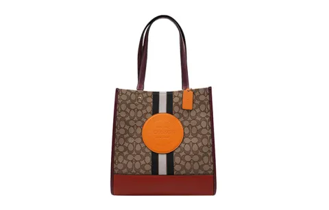 COACH Dempsey Fabric With Leather Tote Bag, Shopping Bag, Shoulder Bag Large Women's Red Orange & Brown