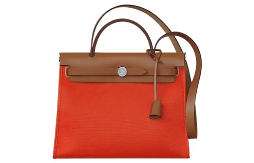 HERMES Herbag Zip Cowhide Patchwork Canvas Shoulder Bag, Crossbody Bag, Handbag 31 Unisex Brown/Orange Red