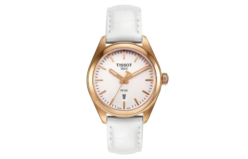TISSOT PR100 Collection Quartz Movement Women's Watch 33mm White Dial Stainless Steel Case Leather Strap