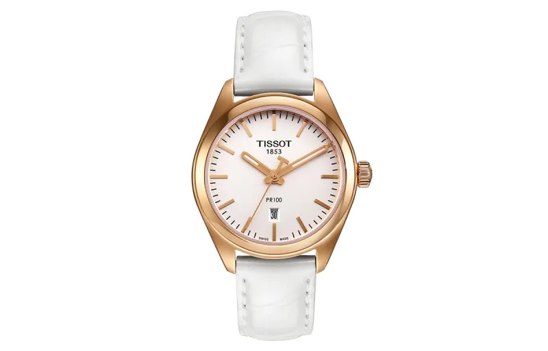 TISSOT PR100 Collection Quartz Movement Women's Watch 33mm White Dial Stainless Steel Case Leather Strap