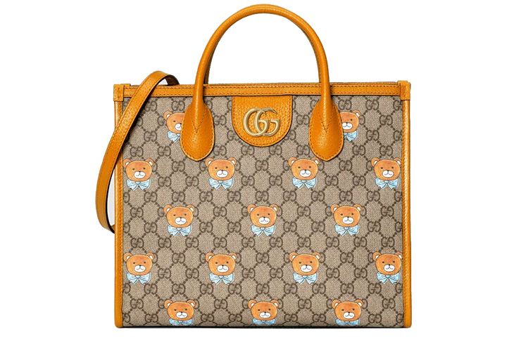 GUCCI KAI Collaboration Canvas With Leather Handbag Unisex Beige/Ebony, Teddy Bear Pattern