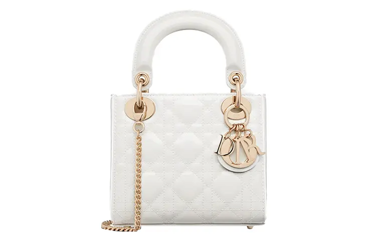 DIOR Lady Dior Patent Leather, Cow Leather Handbag, Shoulder Bag, Crossbody Bag Mini Women's Milk White