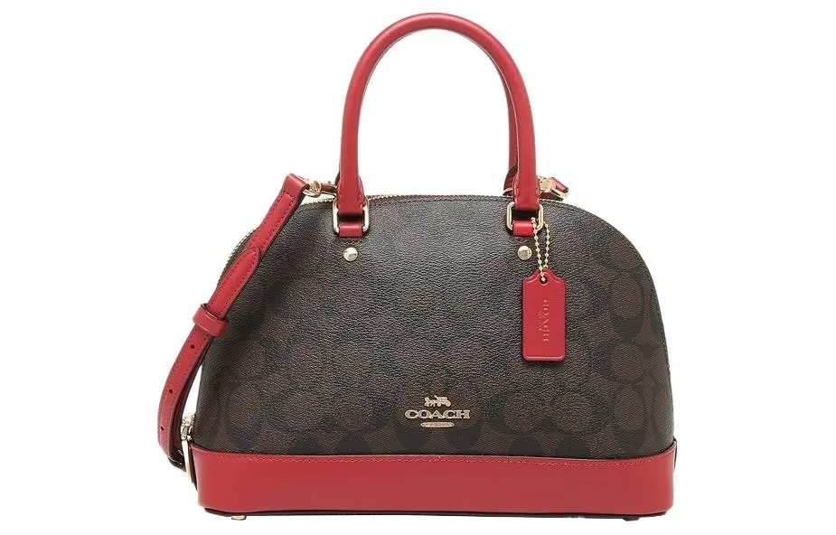 COACH Sierra Monogram Canvas With Leather Dome Bag, Handbag, Shoulder Bag, Crossbody Bag Large Women's Dark Brown & Red