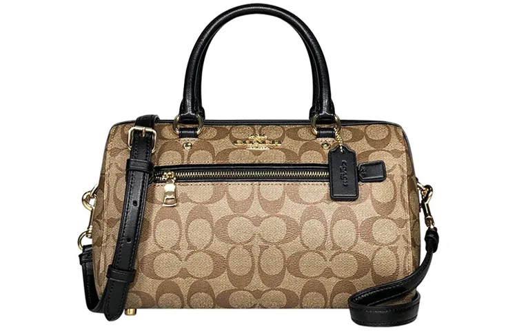 COACH Rowan Monogram Canvas With Leather One Shoulder Handbag, Crossbody Bag Large Women's Light Brown Black Frame