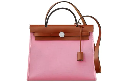 HERMES Herbag Zip H Plume Canvas And Hunter Leather Finish Shoulder Bag, Crossbody Bag, Handbag 31 Unisex Pink