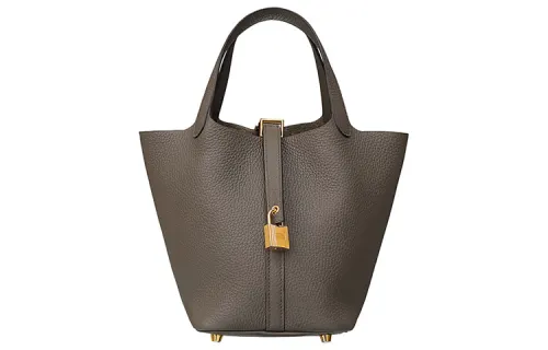 HERMES Picotin Lock Clemence Bullock Leather Basket Bag, Bucket Bag, Handbag 18 Women's 8F Gris ÉTain Tin Gray