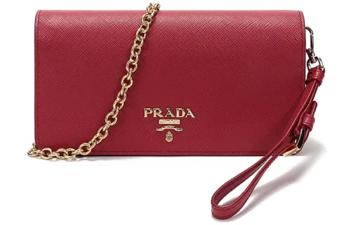 PRADA Saffiano Flap Closure Leather Shoulder Bag Women's Red