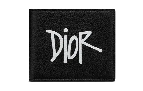 DIOR Shawn Collaboration Letter Print Cow Leather Wallet Men's Black