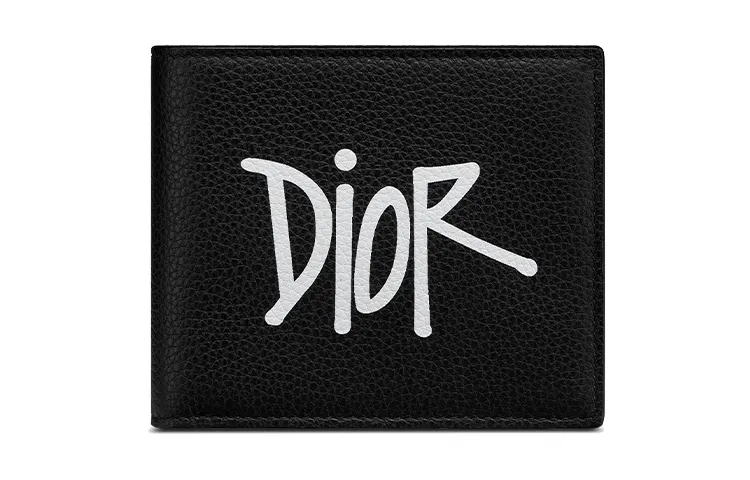 DIOR Shawn Collaboration Letter Print Cow Leather Wallet Men's Black