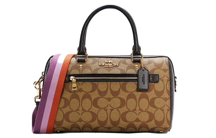 COACH Rowan Canvas With Leather Boston Bag, Shoulder Bag, Crossbody Bag Handbags Large Women's Coffee