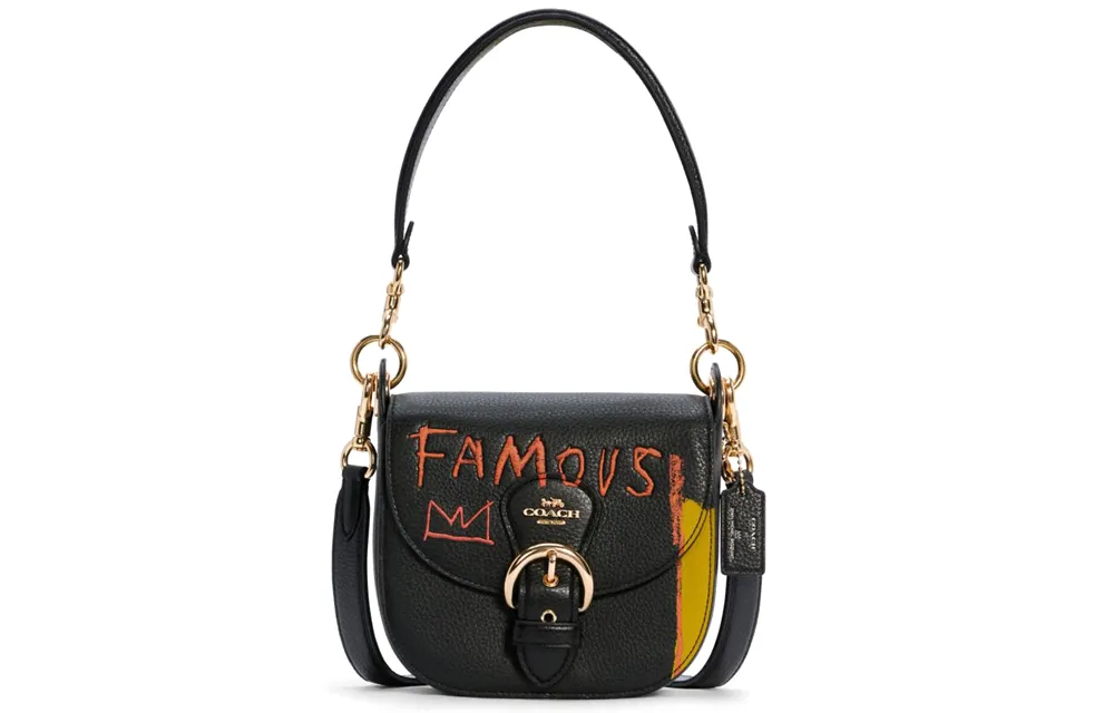 COACH X Jean Michel Basquiat Kleo Leather Saddle Bag, One Shoulder Handbag, Crossbody Bag Small Women's Black