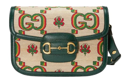 GUCCI Horsebit 1955 Jacquard With Leather Saddle Bag, Shoulder Bag, Crossbody Bag Small Unisex Beige/Green