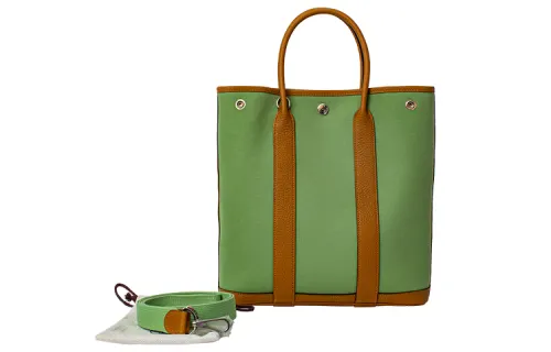 HERMES Garden Party Canvas With Leather Handbag 28 Women's Sesame/Green