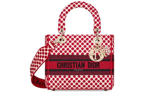 DIOR Lady D Lite Polka Dot Embroidery Handbag Shoulder Bag Handbag Medium Women's Red