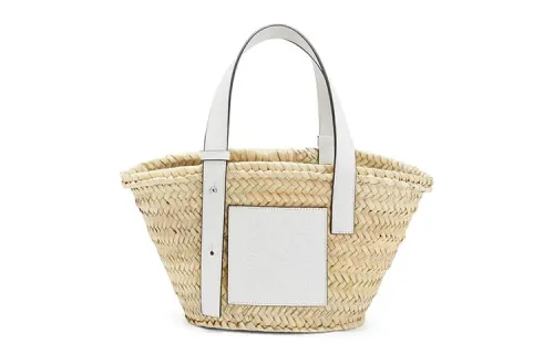 LOEWE Basket Bag In Palm Leaf And Calfskin Small Natural/White