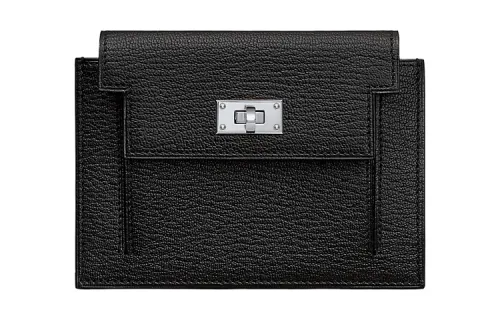 HERMES Kelly Pocket Silver Tone Buckle Mysore Goat Skin Short Wallet Women's Black