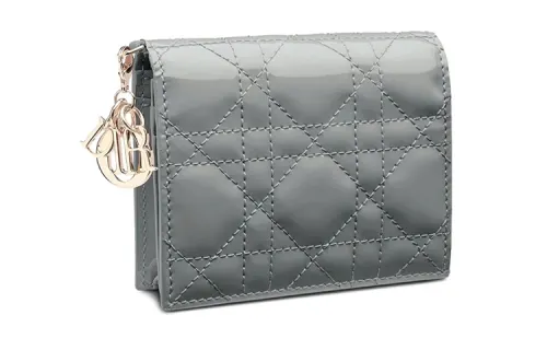DIOR Lady Dior Wicker Pattern Patent Leather, Cow Leather Wallet Women's Candy Color, Rock Gray