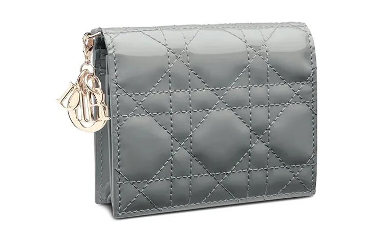 DIOR Lady Dior Wicker Pattern Patent Leather, Cow Leather Wallet Women's Candy Color, Rock Gray