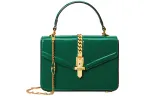 GUCCI Sylvie 1969 Gold tone Lock Patent Leather Shoulder Bag, Crossbody Bag, Handbag Mini Women's Green