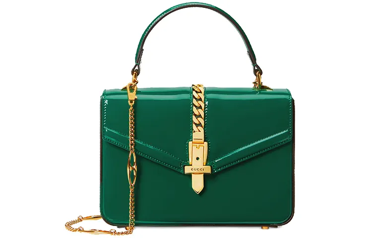 GUCCI Sylvie 1969 Gold tone Lock Patent Leather Shoulder Bag, Crossbody Bag, Handbag Mini Women's Green