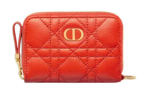 DIOR Caro Soft Calfskin Clutch Coin Purse With Card Holder Women's Bright Orange