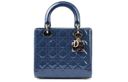DIOR Lady Dior Patent Leather, Cow Leather Handbag Medium Women's Dark Denim Blue