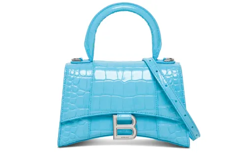 Balenciaga Hourglass Distressed Silver Buckle Crocodile Embossed Calfskin