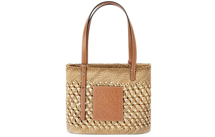 LOEWE Square Basket Honeycomb Ila Palm & Cow Leather Vacation Bag, Handbag, Shoulder Bag Regular Women's Brown Yellow