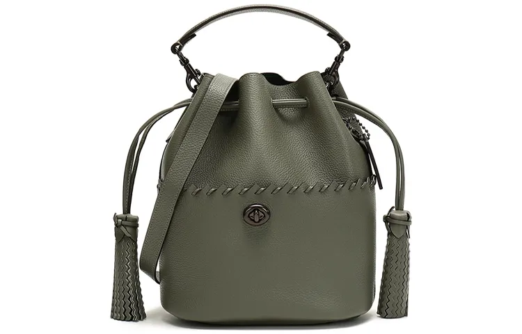 COACH Lora Leather Drawstring Water Bucket, Fringe Bag, Handbag, Shoulder Bag Women's Green