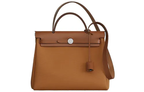 HERMES Herbag Zip Officier Canvas With Hunter Cow Leather One Shoulder Crossbody Handheld 31 Unisex 37 Gold Brown