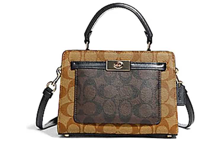 COACH Lane Coated Canvas With Leather Handbag, Shoulder Bag, Crossbody Bag Small Women's Brown & Khaki