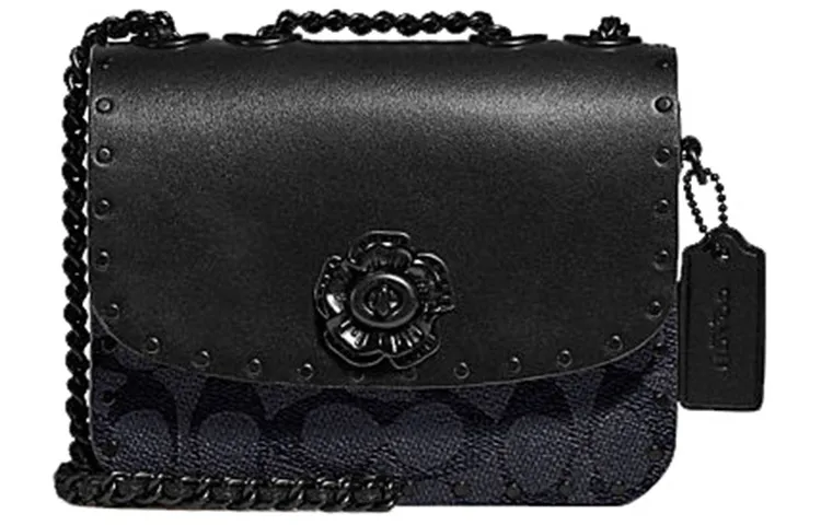 COACH Calfskin Leather Small Square Bag, Crossbody Bag, Shoulder Bag Small Women's Black Monogram