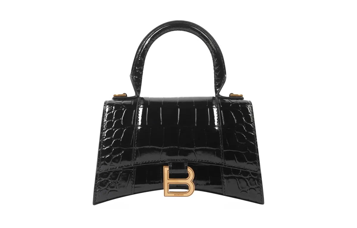 Balenciaga Crocodile Embossed Hourglass Top Handle Xs Black