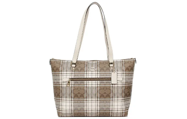 COACH Coated Canvas With Leather Tote Bag, Shopping Bag, Shoulder Bag Large Women's Khaki & White