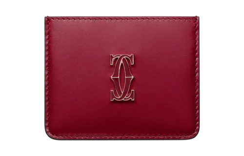 CARTIER Double C Cow Leather Card Holder Women's Cherry Red