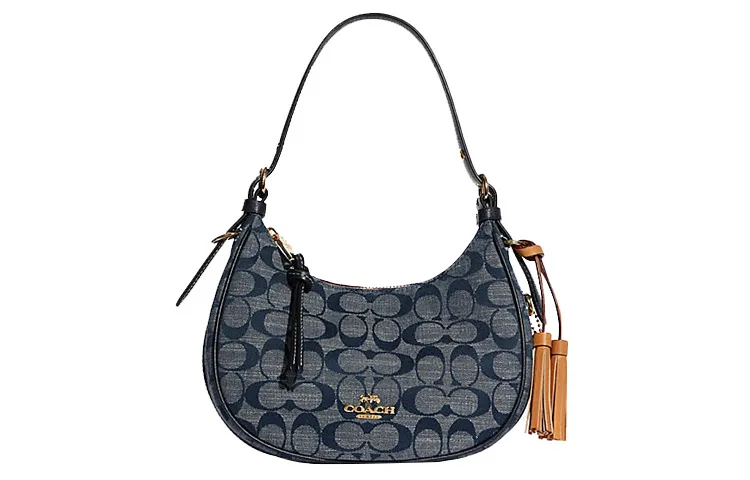 COACH Kleo Fabric, Split Cow Leather Crescent Bag, Handbag, Crossbody Bag, Shoulder Bag Small Women's Denim Blue