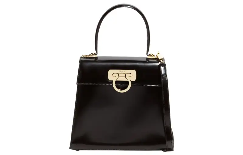 FERRAGAMO Ferragamo Iconic Top Handle Museum Gancini Gold Buckle Brushed Cowhide Handbag Medium Women's Black