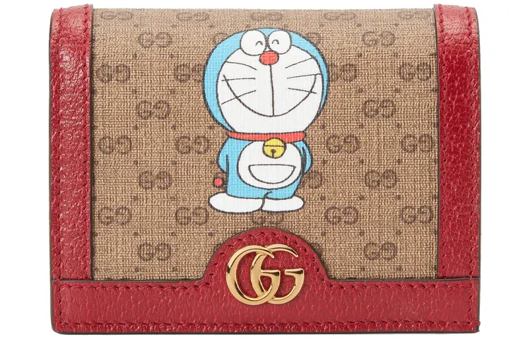 GUCCI Doraemon Collaboration Canvas With Leather Card Holder Unisex Ebony/Red