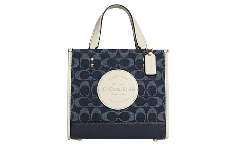 COACH Dempsey Cow Leather Tote Bag, Shopping Bag, Shoulder Bag, Crossbody Bag, Handbag Small Women's Denim Blue & White
