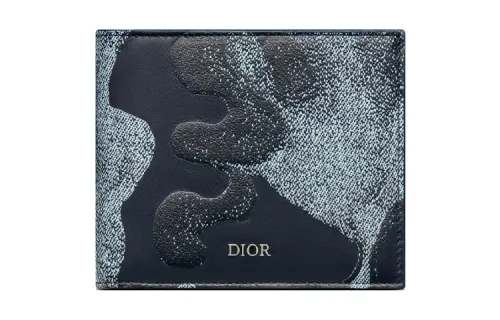 DIOR PETER DOIG Collaboration Smooth Calfskin Wallet, Card Holder Men's Blue Black