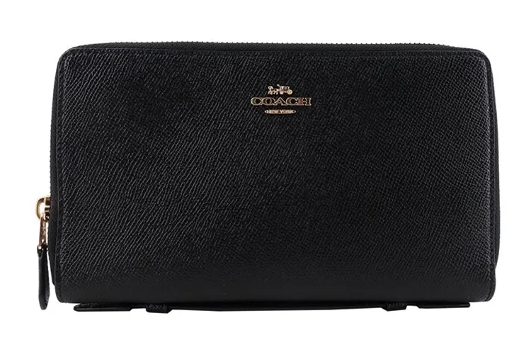 COACH Double Zip Wallet Cow Leather Clutch Small Women's Black