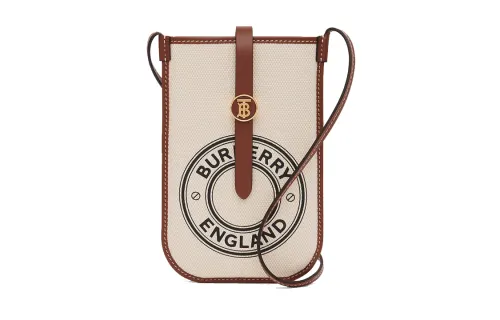 Burberry Cotton With Calfskin One Shoulder Crossbody Cell Phone Pouch Unisex White Tan Multicolor